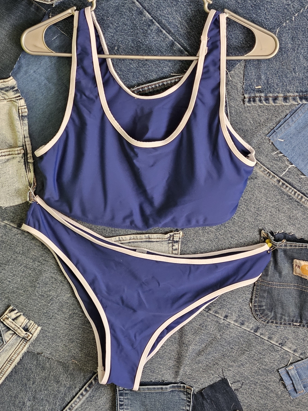 Women’s Navy Blue Two-Piece Swim Set with Cream Trim